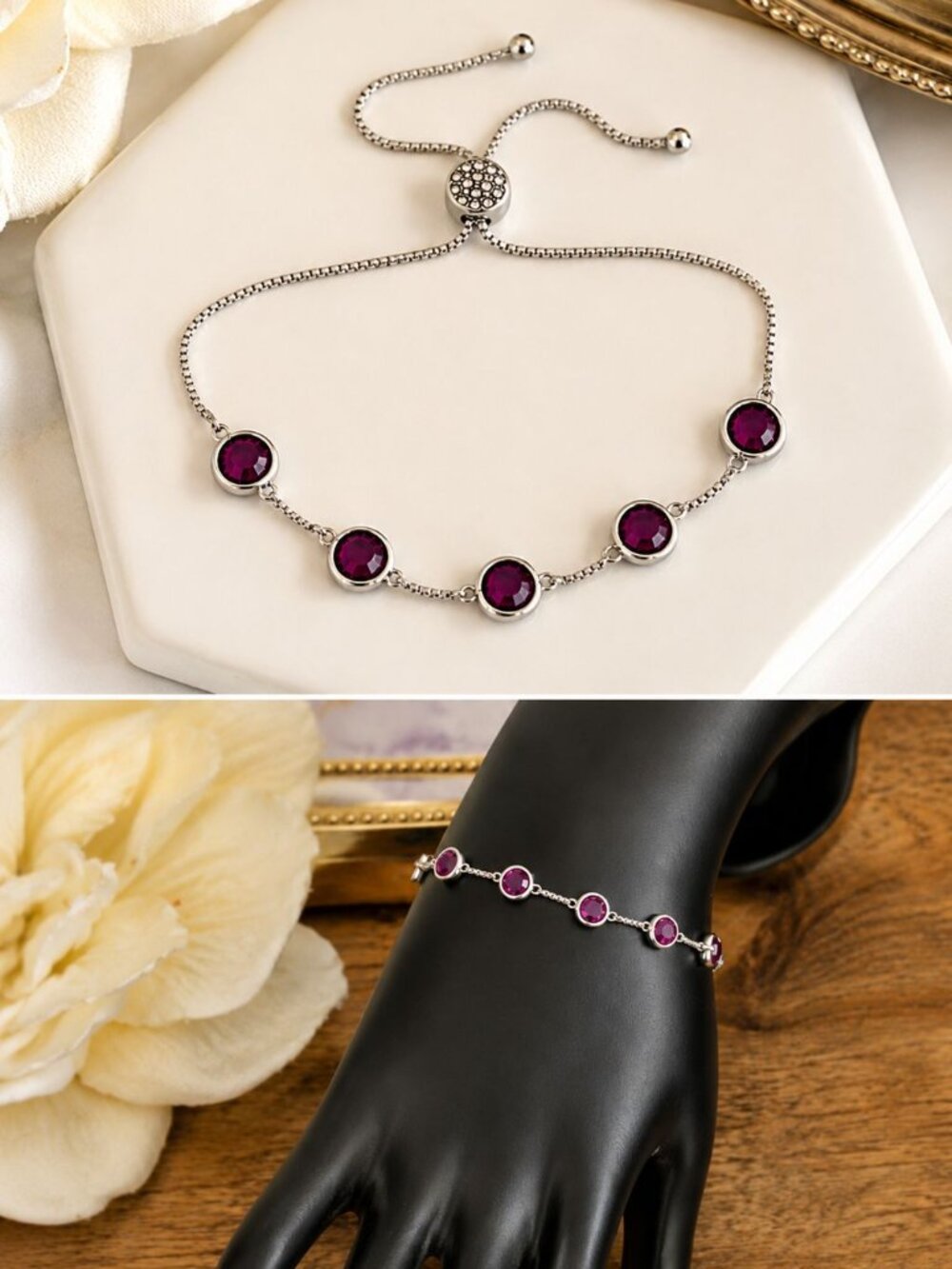 IBB CN Amethyst Colored Faceted Crystal Slider Bracelet Silver Tone